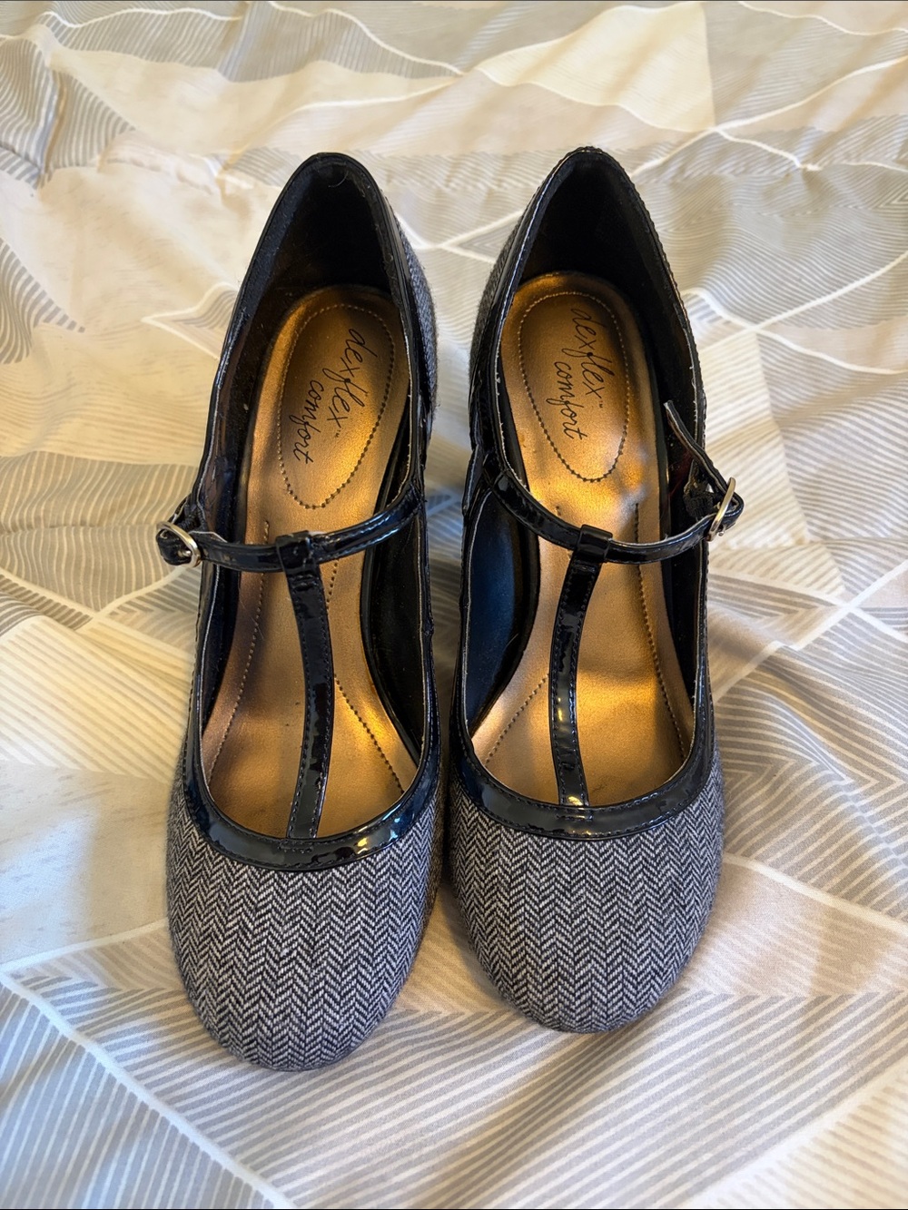 Dexflex comfort Black Patent & Gray Herringbone T-Strap Heels